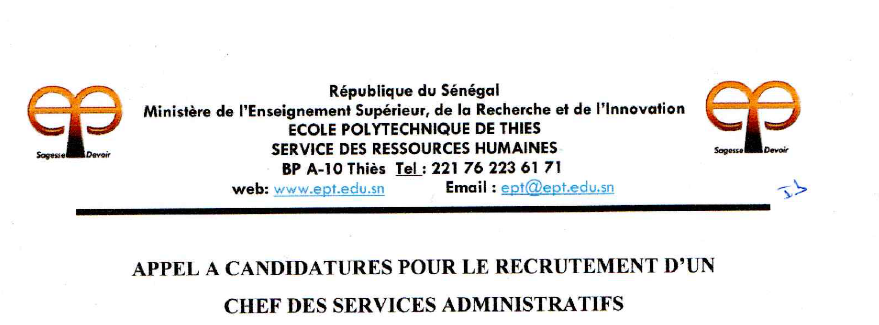 Appel à candidature pour le recrutement d&rsquo;un chef des services administratifs