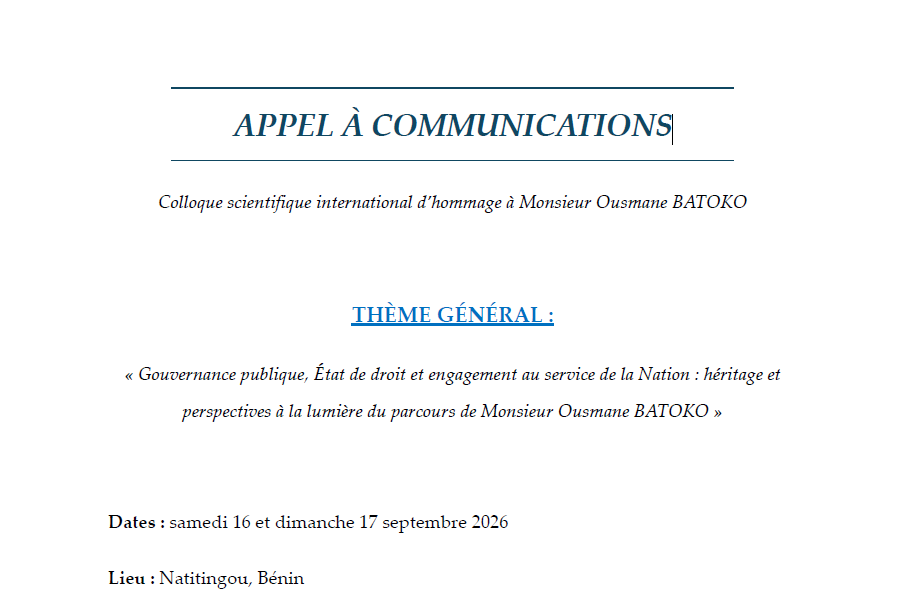 APPEL À COMMUNICATIONS : Colloque scientifique international d’hommage à Monsieur Ousmane BATOKO